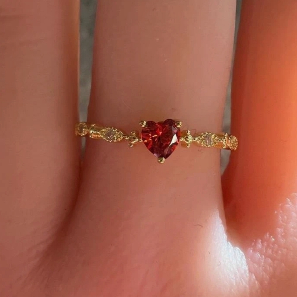 Dainty Red Heart Cubic Zirconia Gold Ring - Picture 2 of 5